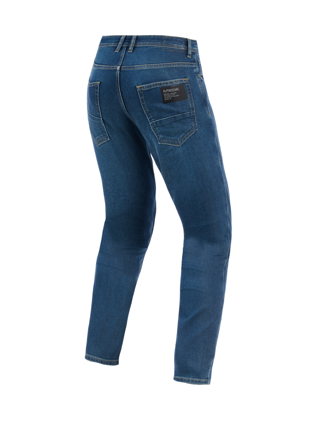 Alpinestars Flex-AST 5 Denim Hose - Kurz, urbane Motorradhose, Indigo Washed, Rückansicht mit klassischen Gesäßtaschen, schwarzer Markenaufnäher auf der rechten Tasche und moderne konische Passform aus Stretch-Denim
