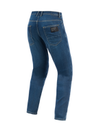 Alpinestars Flex-AST 5 Denim Hose - Kurz, urbane Motorradhose, Indigo Washed, Rückansicht mit klassischen Gesäßtaschen, schwarzer Markenaufnäher auf der rechten Tasche und moderne konische Passform aus Stretch-Denim
