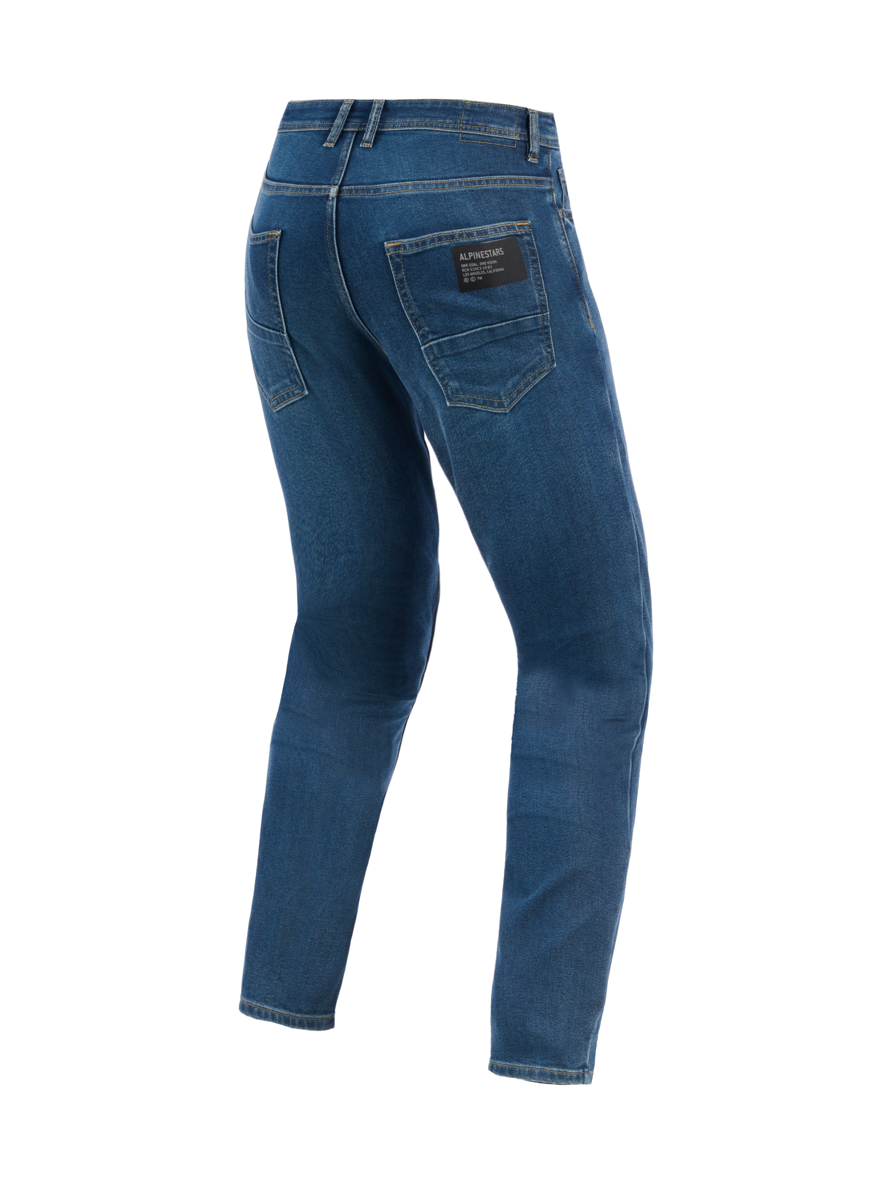 Alpinestars Flex-AST 5 Denim Hose - Kurz, urbane Motorradhose, Indigo Washed, Rückansicht mit klassischen Gesäßtaschen, schwarzer Markenaufnäher auf der rechten Tasche und moderne konische Passform aus Stretch-Denim