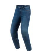 Alpinestars Flex-AST 5 Denim-Hose – Kurz, indigoblaue gewaschene Motorradjeans, konische Passform mit vorgekrümmten Beinen, urbaner Fahrstil mit sauberem Denim-Finish, verstärkte Nähte und lässiges Five-Pocket-Design.