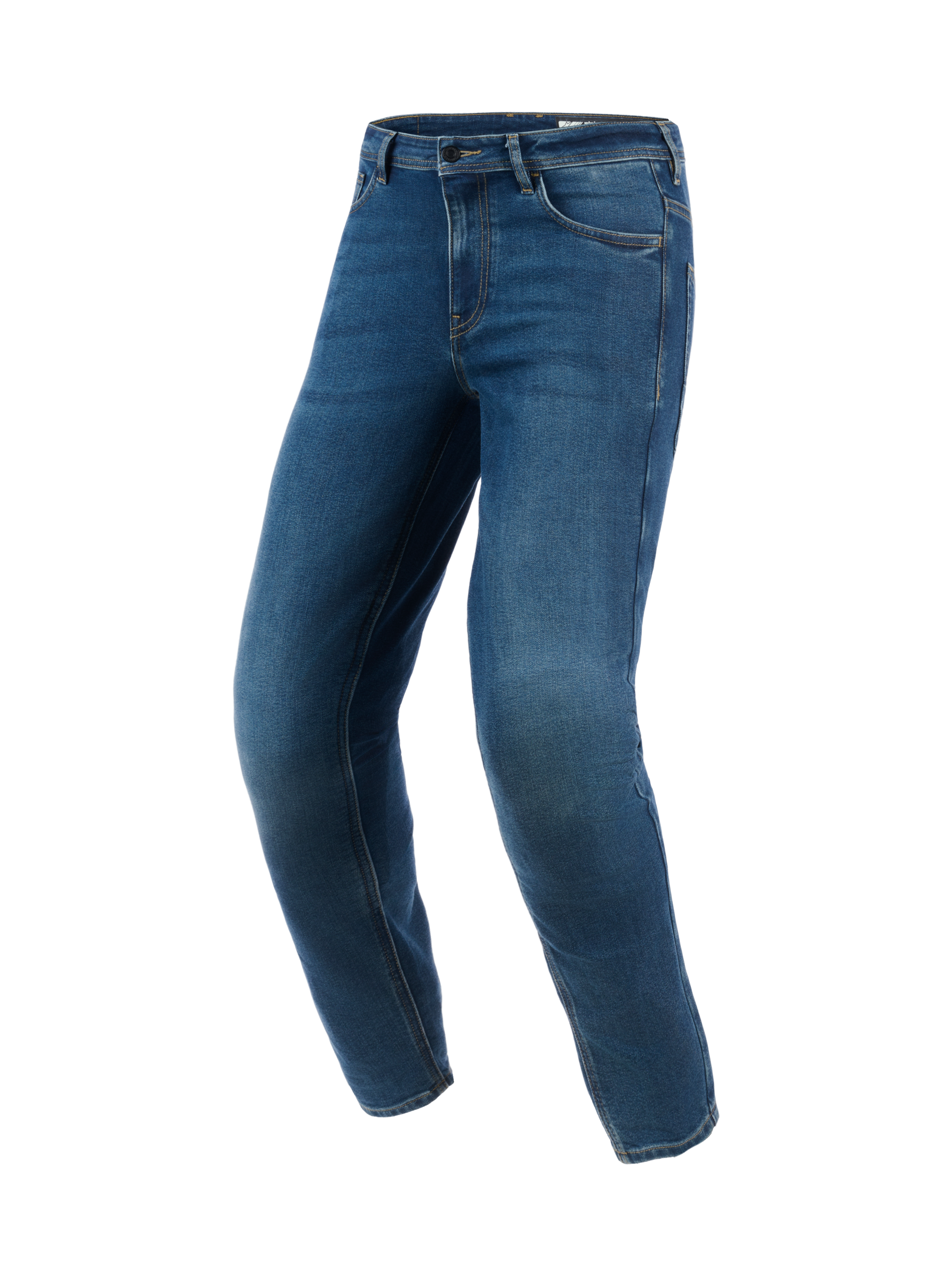 Alpinestars Flex-AST 5 Denim-Hose – Kurz, indigoblaue gewaschene Motorradjeans, konische Passform mit vorgekrümmten Beinen, urbaner Fahrstil mit sauberem Denim-Finish, verstärkte Nähte und lässiges Five-Pocket-Design.