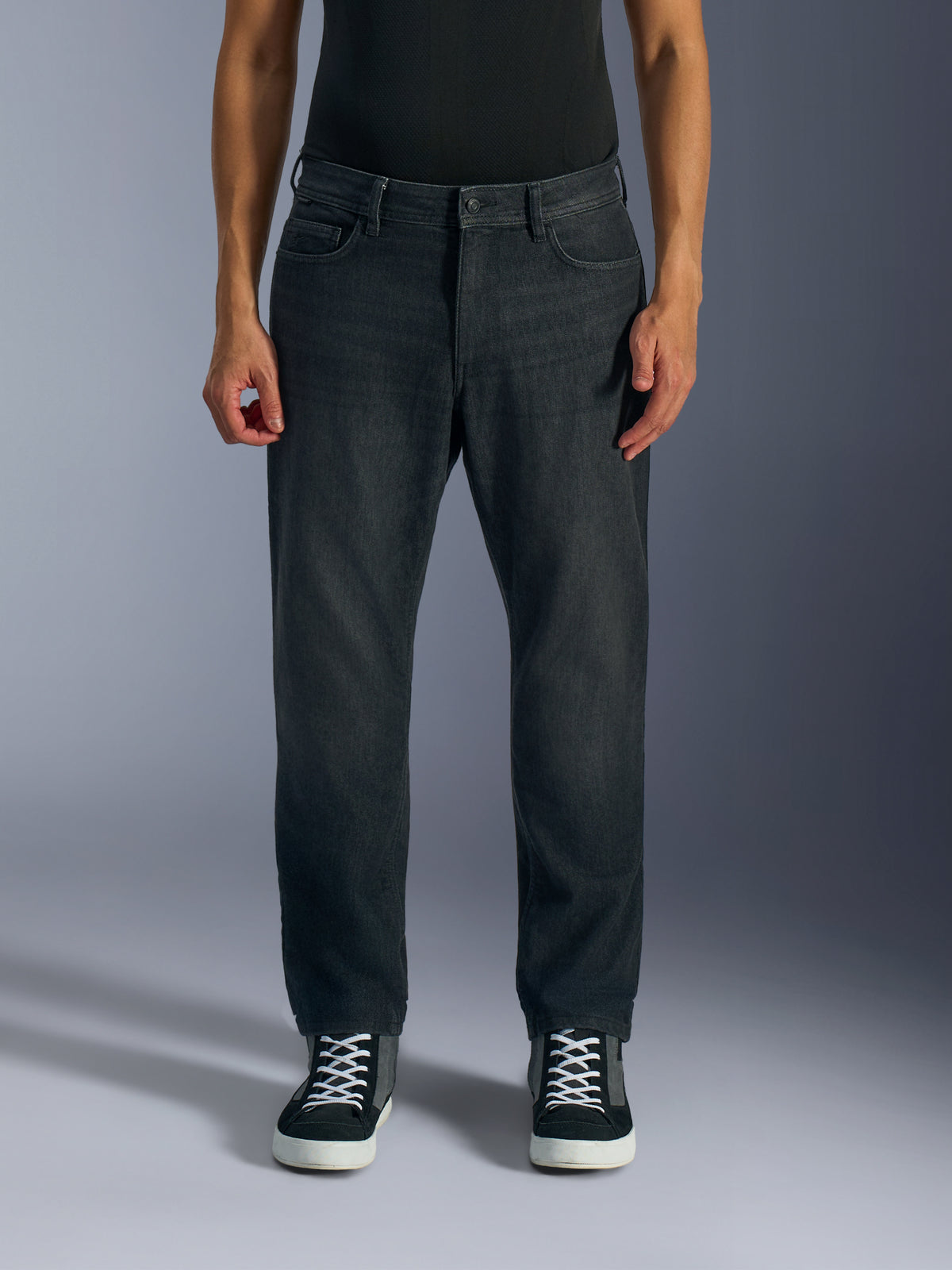 Alpinestars Flex-AST 5 Denim Pants in Washed Black, men's urban motorcycle jeans, front view on a model showing regular tapered fit and monolayer stretch denim construction.