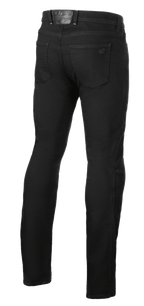 Alpinestars Cult-8 Stretch Denim Hose, Black Rinse, Rückansicht einer Motorradjeans, Straight Leg Regular Fit, mit Gesäßtaschen und geprägtem Leder-Logo-Patch am Bund, lässiger Urban-Style.