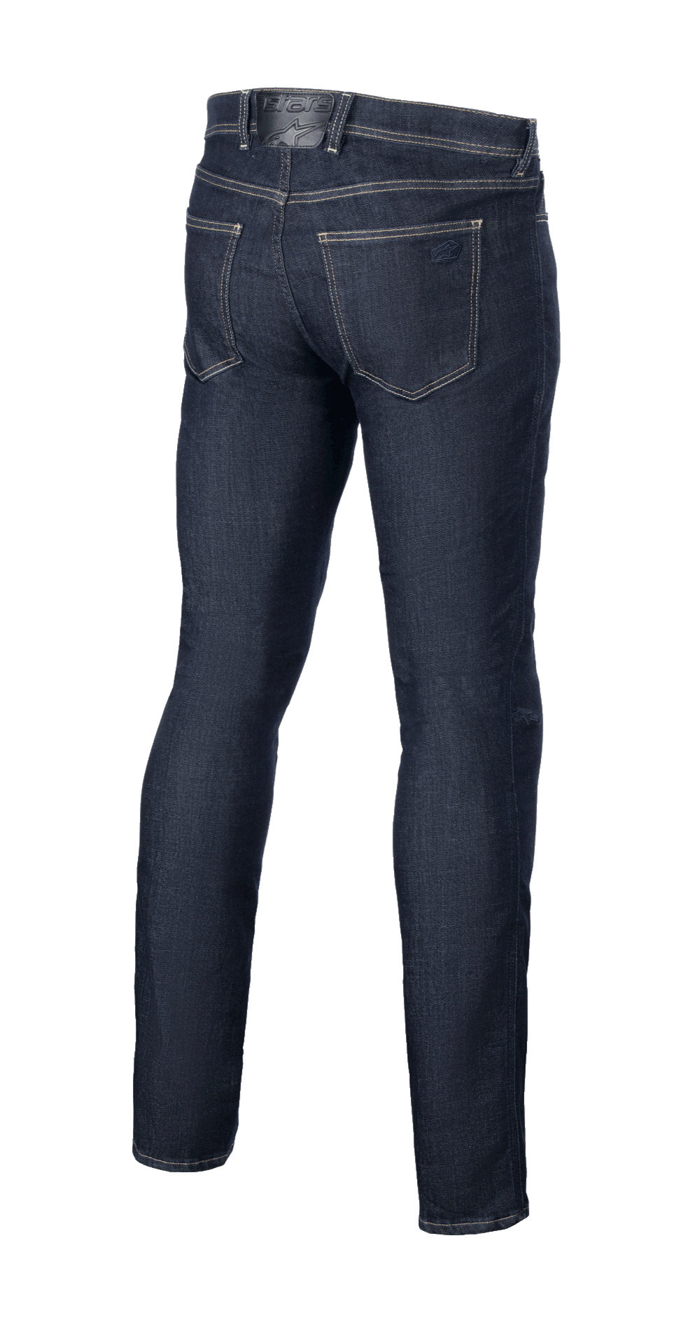 Alpinestars Cult-8 Stretch Denim Hose, Rinse Blue, Rückansicht, mit einem Five-Pocket-Design und tonaler Logo-Stickerei auf der Gesäßtasche, entspannte reguläre Passform mit geradem Bein, schützende Motorrad-Jeans.
