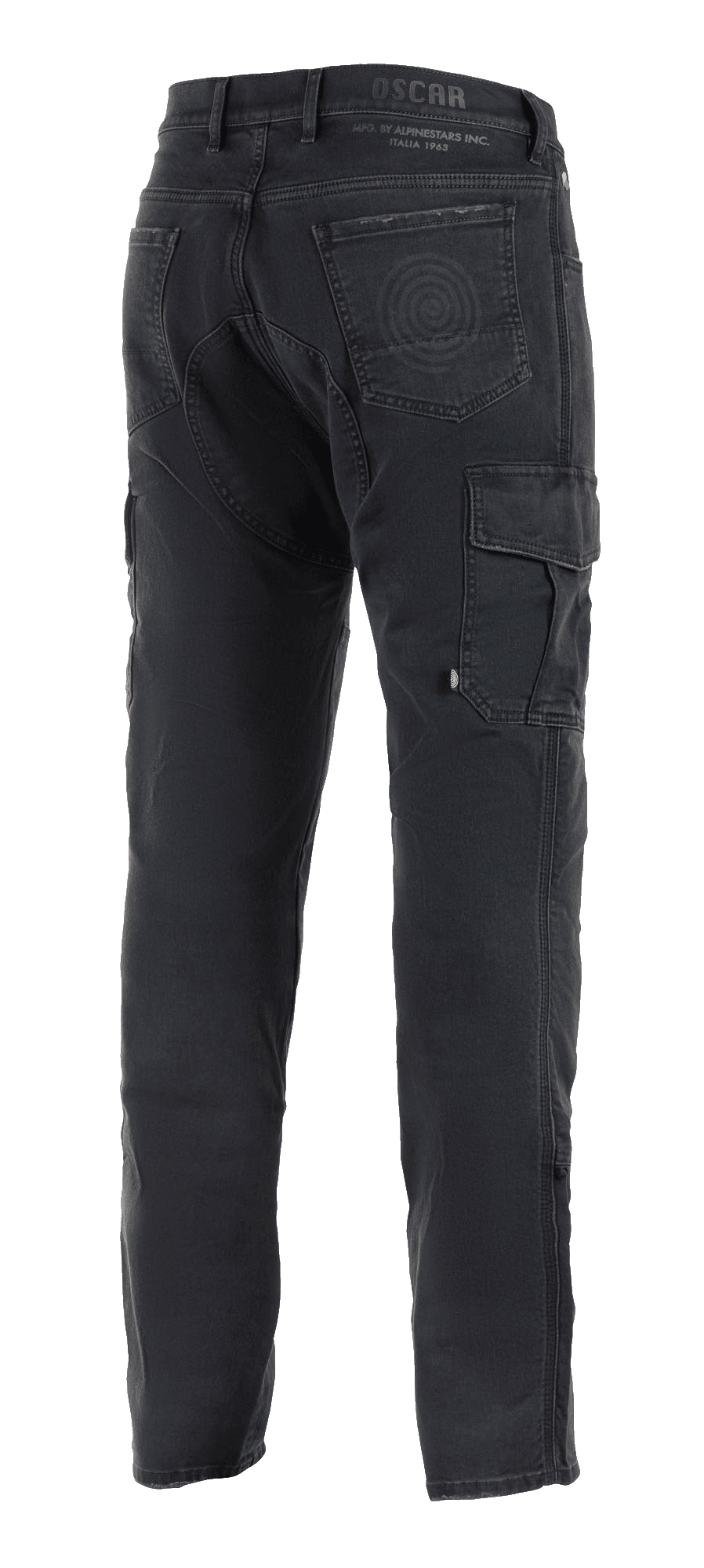 Alpinestars Barton Riding Cargo Hose, schwarze Motorradhose, Rückansicht mit seitlicher Cargotasche, Gesäßtaschen mit Spiral-Logo-Detail, Oscar by Alpinestars Branding am Bund, lässiger Strickstoff im Denim-Stil