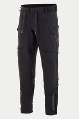 Alpinestars Juggernaut Waterproof Pants, Motorcycle Pants, Black, featuring a drawstring waist and elasticated waistband, zippered cargo pockets on the thighs, vertical Alpinestars logo on the lower leg, casually-styled softshell textile construction