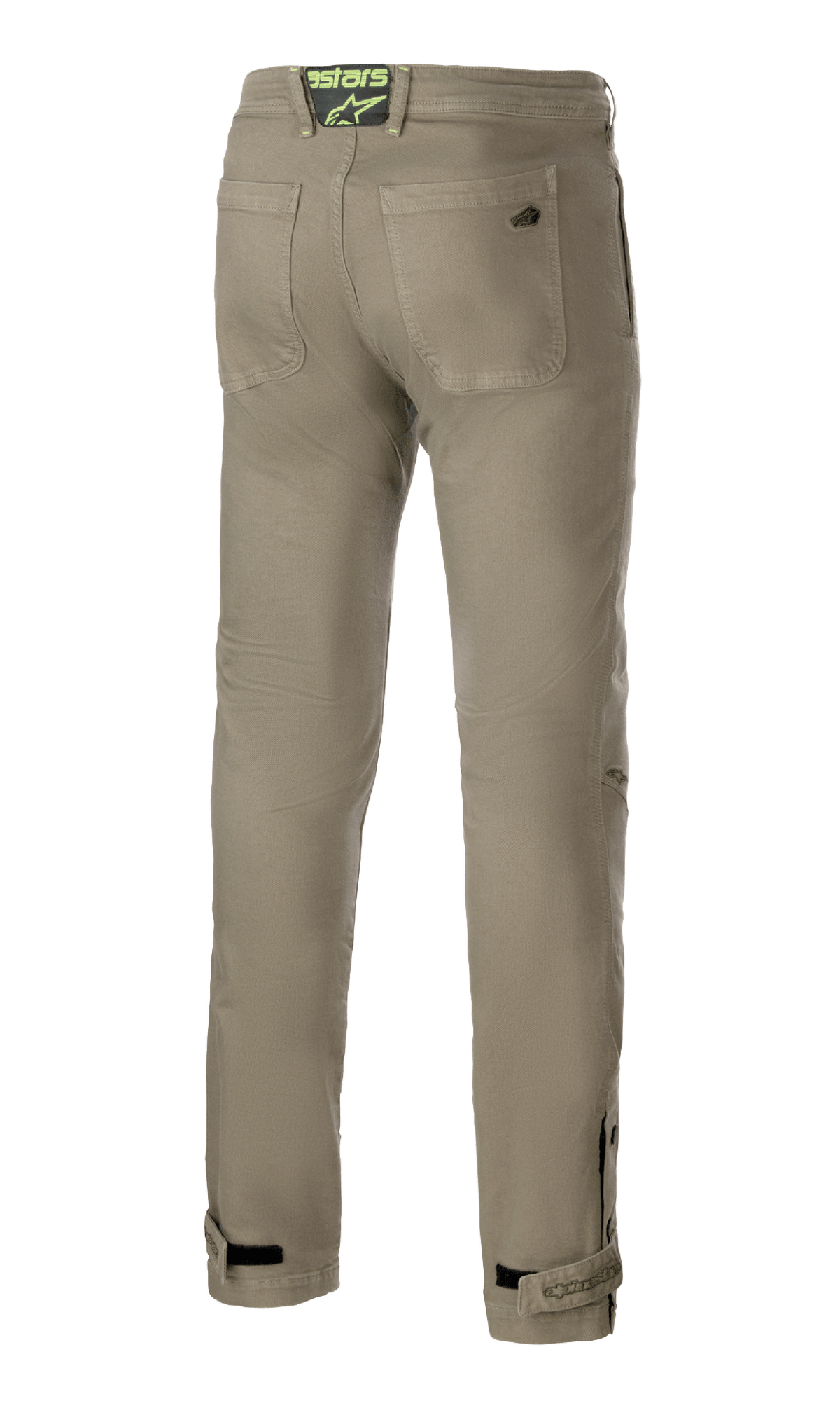 Alpinestars Stratos Regular Fit Tech Riding Pants, Military Green, back view featuring two rear pockets and a neon green logo patch on the waistband, tapered legs with adjustable ankle straps, casual street-style motorcycle pants