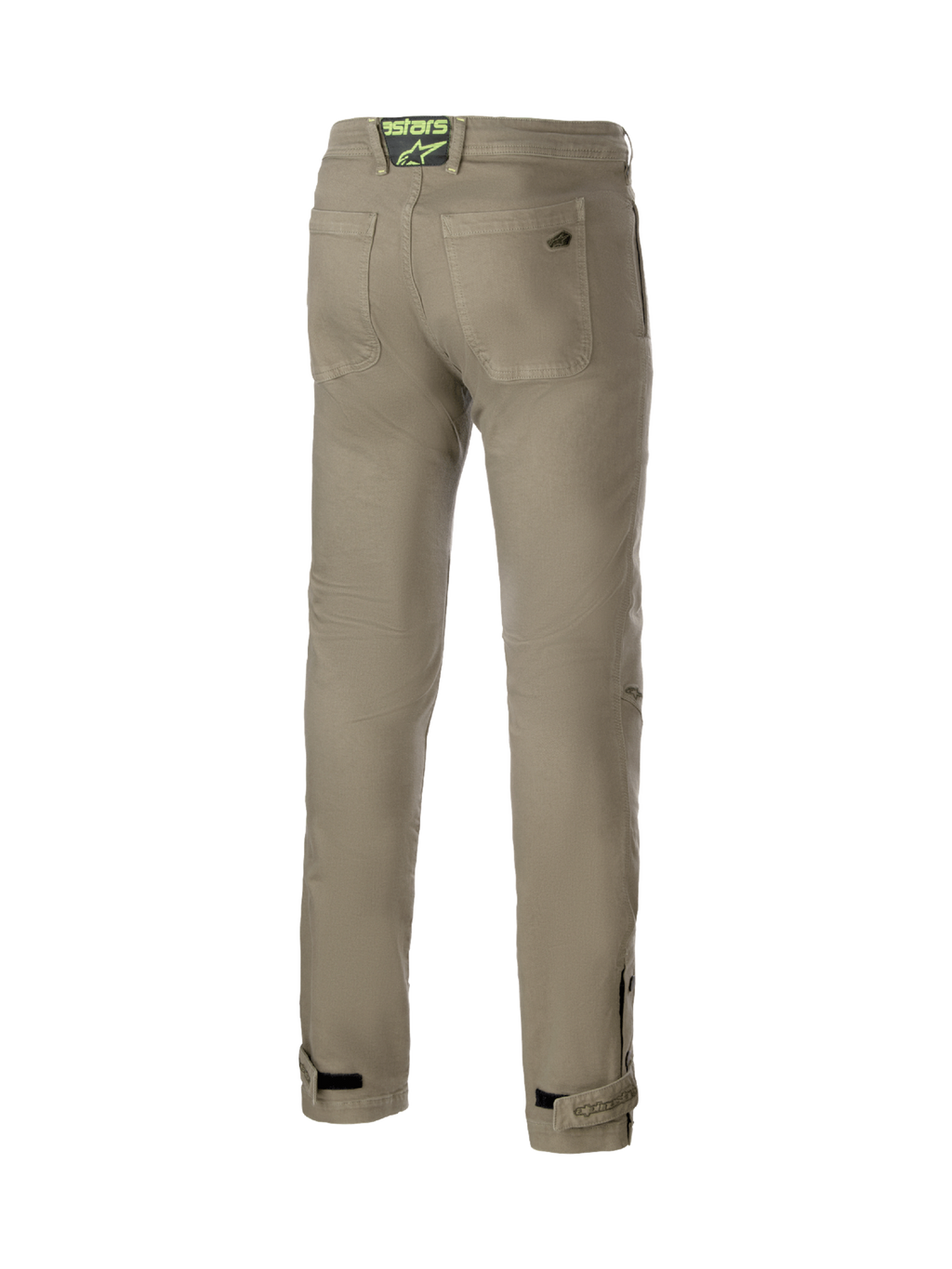 Alpinestars Stratos Regular Fit Tech Motorradhose, Rückansicht, Grau, aus abriebfestem Cordura Denim, urbane Herrenhose mit verstellbarem Beinabschluss und neongrünem Logo am Bund.