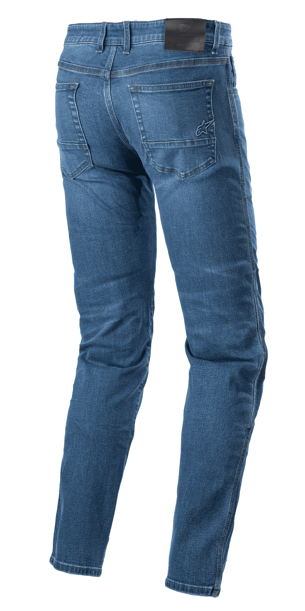 Alpinestars Radon Regular Fit Denim Hose, Motorrad-Jeans, Rinse Blue, Rückansicht mit schwarzem Aufnäher am Bund und gesticktem Stern-Logo auf der rechten Gesäßtasche, vorgeformte Beine für Fahrergonomie, lässiger Five-Pocket-Denim-Stil