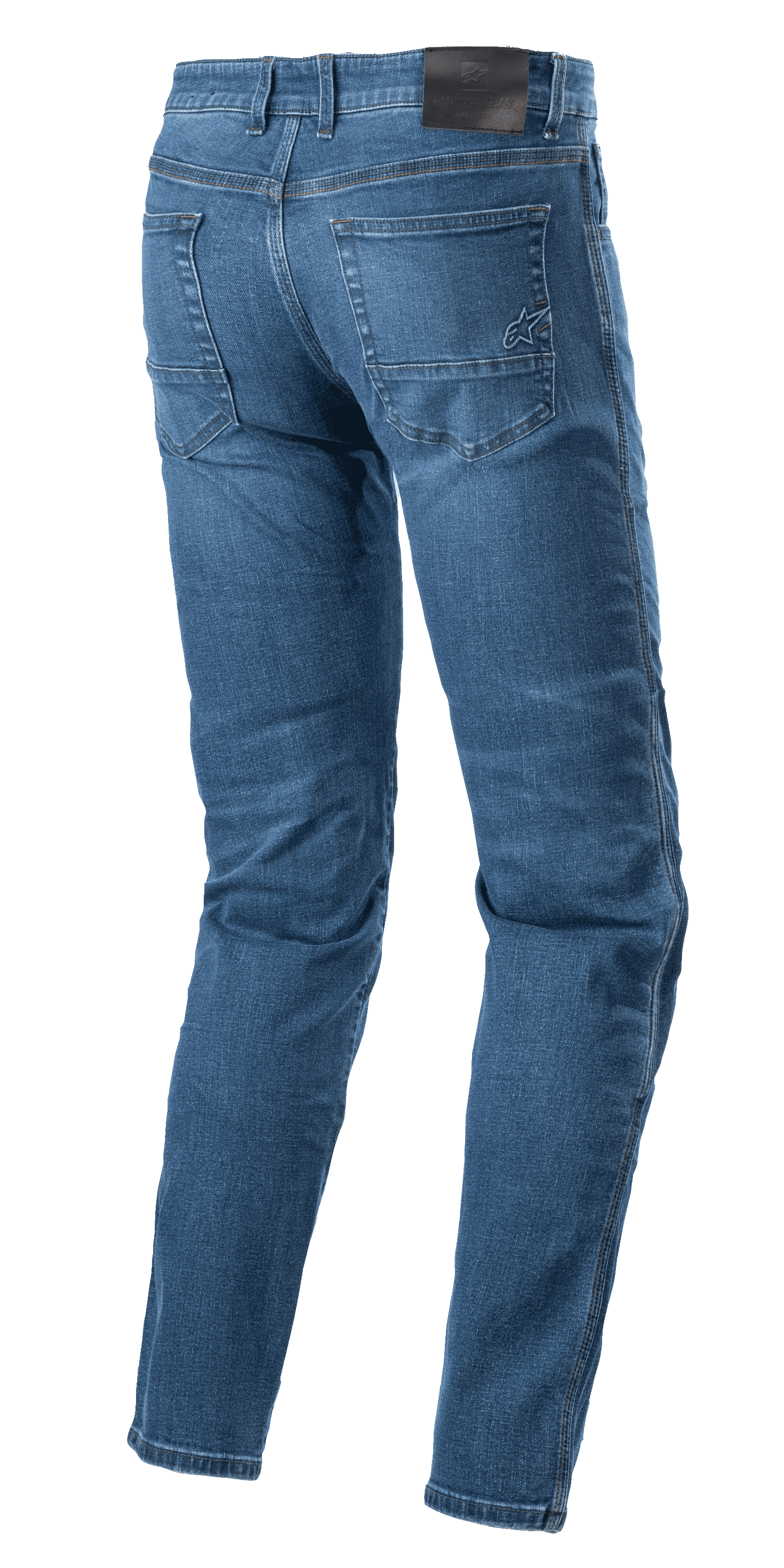 Alpinestars Radon Regular Fit Denim Hose, Motorrad-Jeans, Rinse Blue, Rückansicht mit schwarzem Aufnäher am Bund und gesticktem Stern-Logo auf der rechten Gesäßtasche, vorgeformte Beine für Fahrergonomie, lässiger Five-Pocket-Denim-Stil
