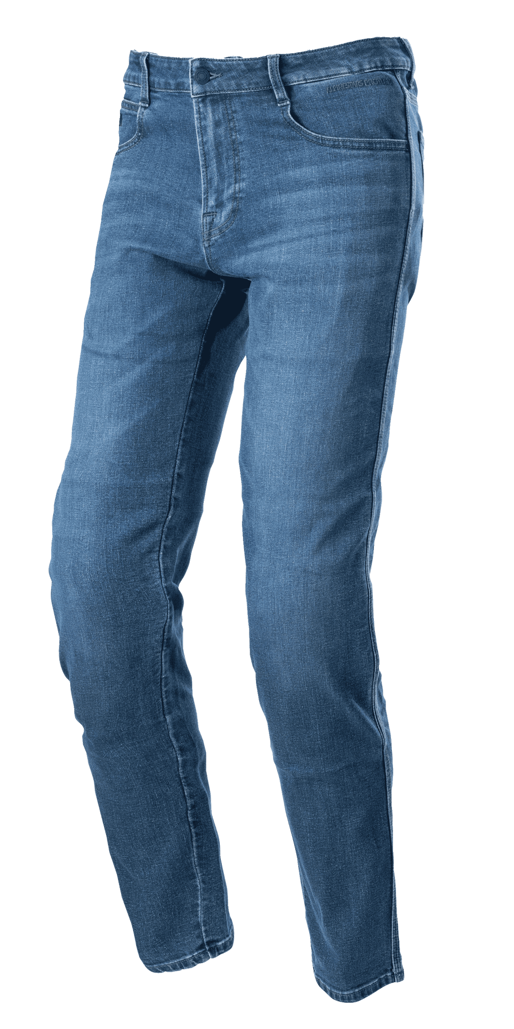 Alpinestars Radon Regular Fit Denim Pants, Motorrad-Jeans in Rinse Blue, gerader Schnitt im Five-Pocket-Design, verwaschene Denim-Optik, Knopf- und Reißverschluss, strapazierfähige Konstruktion für urbanes Fahren
