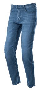 Alpinestars Radon Regular Fit Denim Pants, Motorrad-Jeans in Rinse Blue, gerader Schnitt im Five-Pocket-Design, verwaschene Denim-Optik, Knopf- und Reißverschluss, strapazierfähige Konstruktion für urbanes Fahren