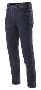 Alpinestars Radium Denim Hose, Motorrad-Jeans, Rinse Plus Blue mit orangefarbenen Nähten, reguläre Passform, Five-Pocket-Design, Stretch-Cordura-Denim mit diskreten Knieprotektoren