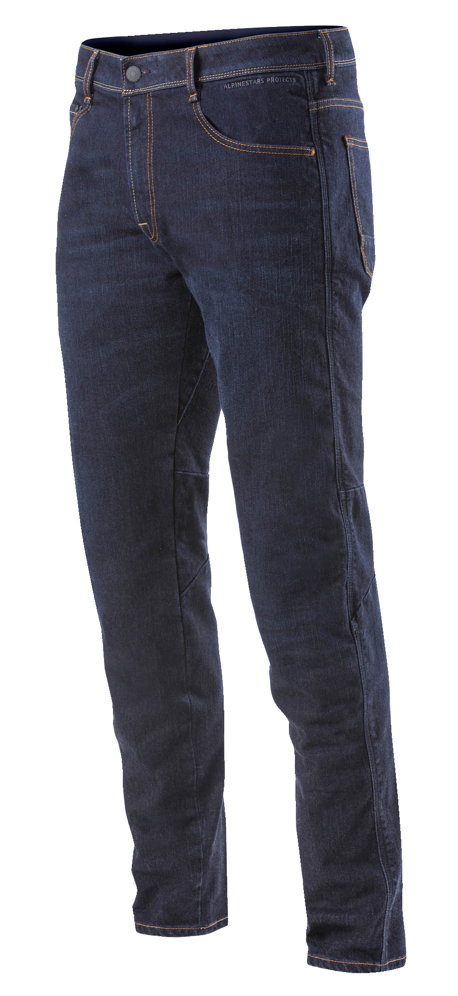 Alpinestars Radium Denim Hose, Motorrad-Jeans, Rinse Plus Blue mit orangefarbenen Nähten, reguläre Passform, Five-Pocket-Design, Stretch-Cordura-Denim mit diskreten Knieprotektoren