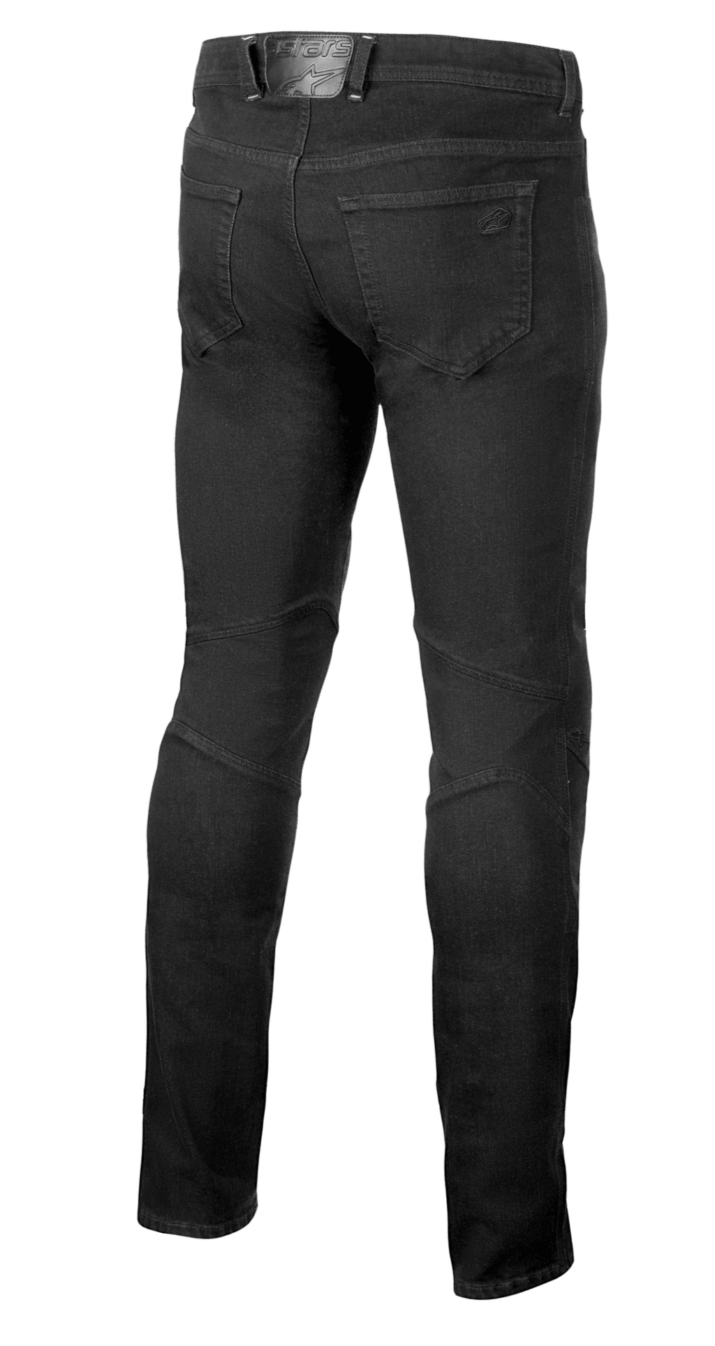 Alpinestars Radium V2 Denim Pants, Motorcycle Riding Jeans, Black Rinse, rear view showing five-pocket styling, tonal branding on the back pocket and waistband patch, and engineered stitching on the back of the knees for a tapered fit