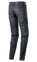Alpinestars Sektor Regular Fit Denim Pants, Motorcycle Riding Jeans, Black Washed, rear view showing five-pocket design, stitched logo on back pocket, black leather waistband patch, tapered leg, urban technical riding gear