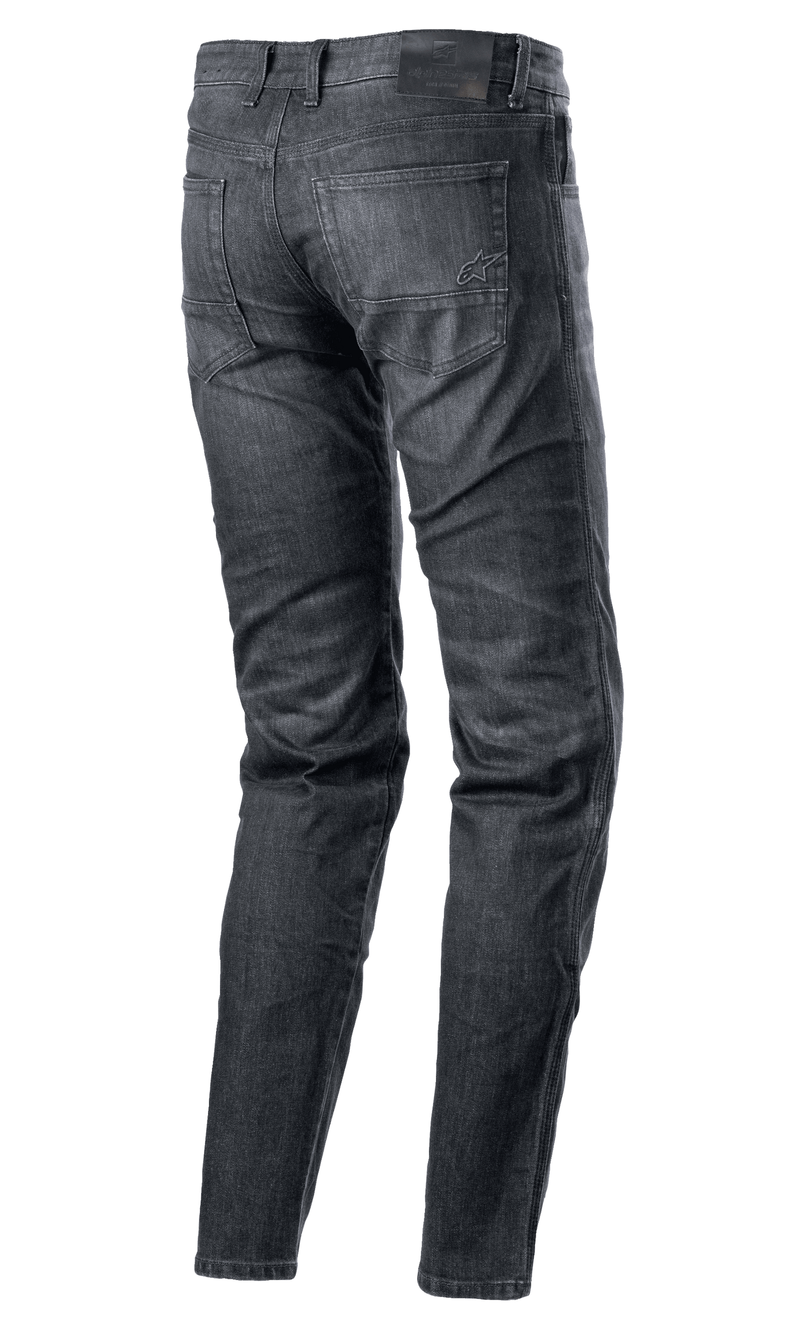 Alpinestars Sektor Regular Fit Denim-Hose, Motorradjeans, Black Washed, Rückansicht mit Five-Pocket-Design, gesticktes Logo auf der Gesäßtasche, schwarzer Lederaufnäher am Bund, konisch zulaufendes Bein, urbane technische Motorradausrüstung
