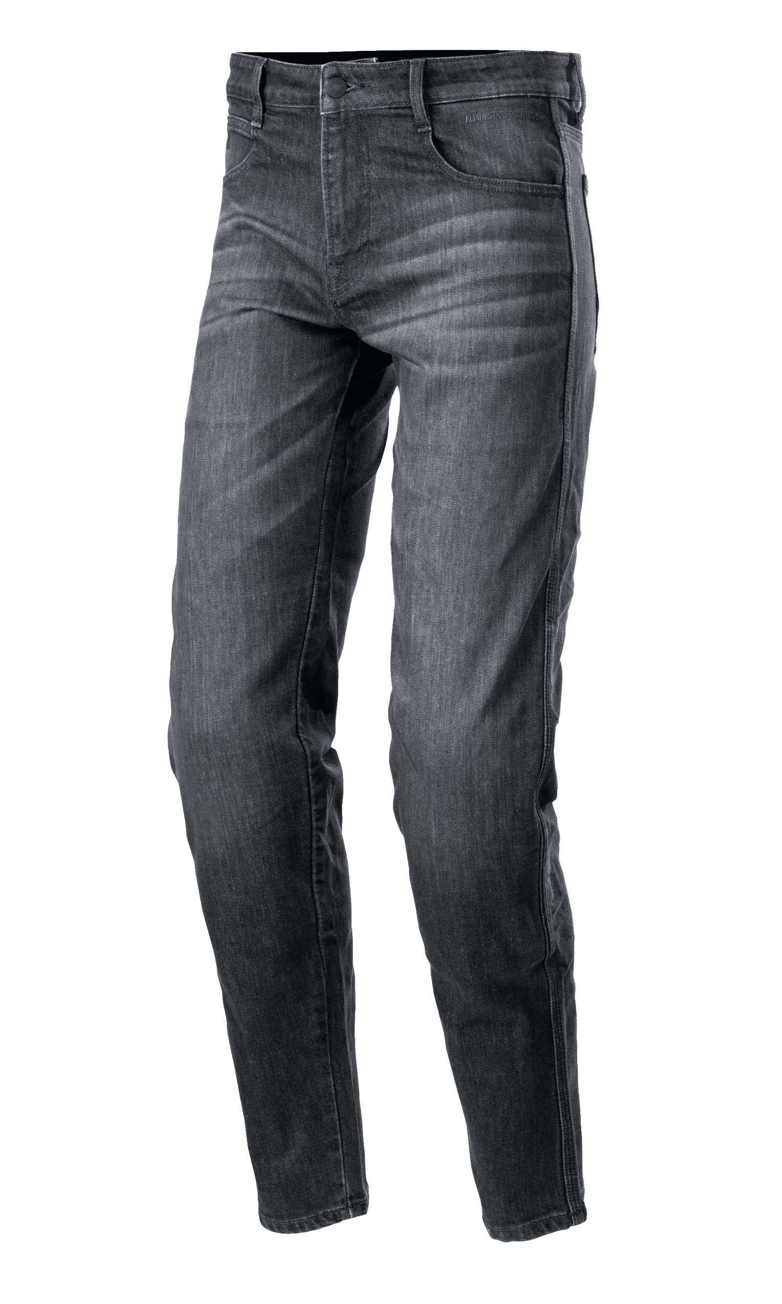 Alpinestars Sektor Regular Fit Denim Pants, schwarz gewaschene Motorrad-Jeans, lässige konisch zulaufende Passform, Five-Pocket-Design mit Gürtelschlaufen, verwaschene Denim-Struktur mit verstärkten Nähten, urbane Motorradbekleidung