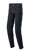 Alpinestars Sektor Regular Fit Denim, Rinse Blue motorcycle pants, tapered leg with contrast stitching, five-pocket design with belt loops and button closure, stretch denim fabric, urban riding style