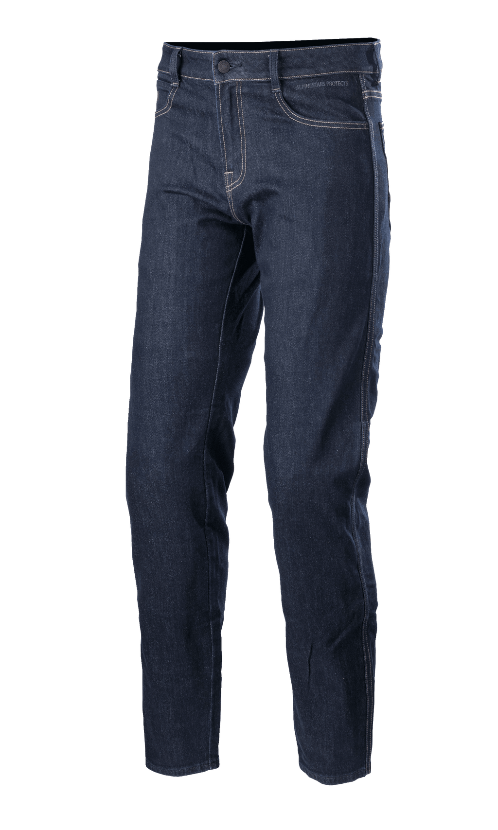 Alpinestars Sektor Regular Fit Denim Pants, Mid Blue motorcycle jeans, technical riding pants featuring white contrast stitching, five-pocket construction, belt loops, and a tapered leg design in stretch denim