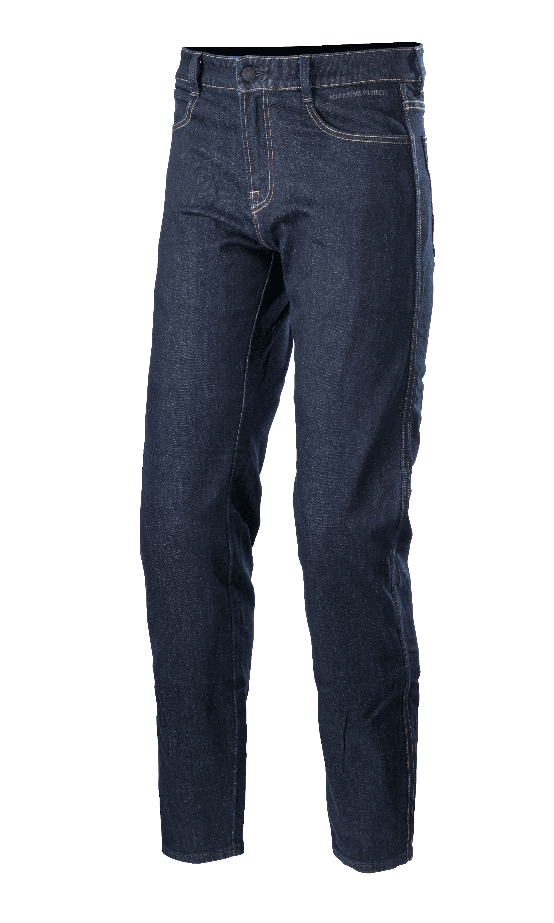 Alpinestars Sektor Regular Fit Denim Pants, Motorradjeans in Mittelblau, technische Fahrhose mit weißen Kontrastnähten, Five-Pocket-Design, Gürtelschlaufen und konisch zulaufendem Bein aus Stretch-Denim