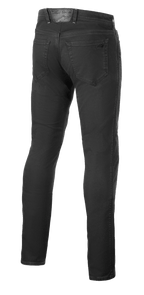Alpinestars Copper V3 Denim Pants, Motorcycle Riding Jeans, Black Rinse, rear view showing back pockets and leather waistband patch with tonal branding, regular comfort straight leg design