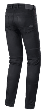 Alpinestars Cerium Tech Stretch Riding Denim, Motorcycle Riding Jeans, Black Rinse, slim fit design, back view featuring pre-shaped leg construction, rear pockets, and leather waist patch with embossed branding