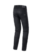 Alpinestars Cerium Tech Stretch Motorrad Jeans, schmale Motorradhose für Herren, Schwarz, einlagiger Stretch-Denim, Rückansicht, CE-zertifiziert.