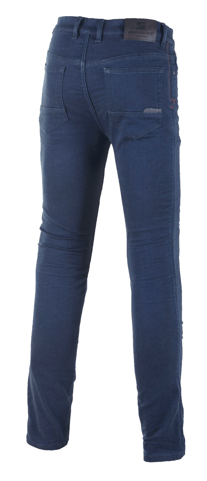 Alpinestars Cerium Tech Stretch Riding Denim, Motorcycle Riding Jeans, Rinse Blue, Rear view showing slim-fit technical denim, classic back pockets, and branded leather patch on the waistband
