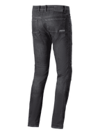 Alpinestars Cerium Denim Tech Riding Pants, Motorcycle Riding Jeans, Black Washed, rear view featuring back pockets and logo patch on the waistband, casual urban riding style