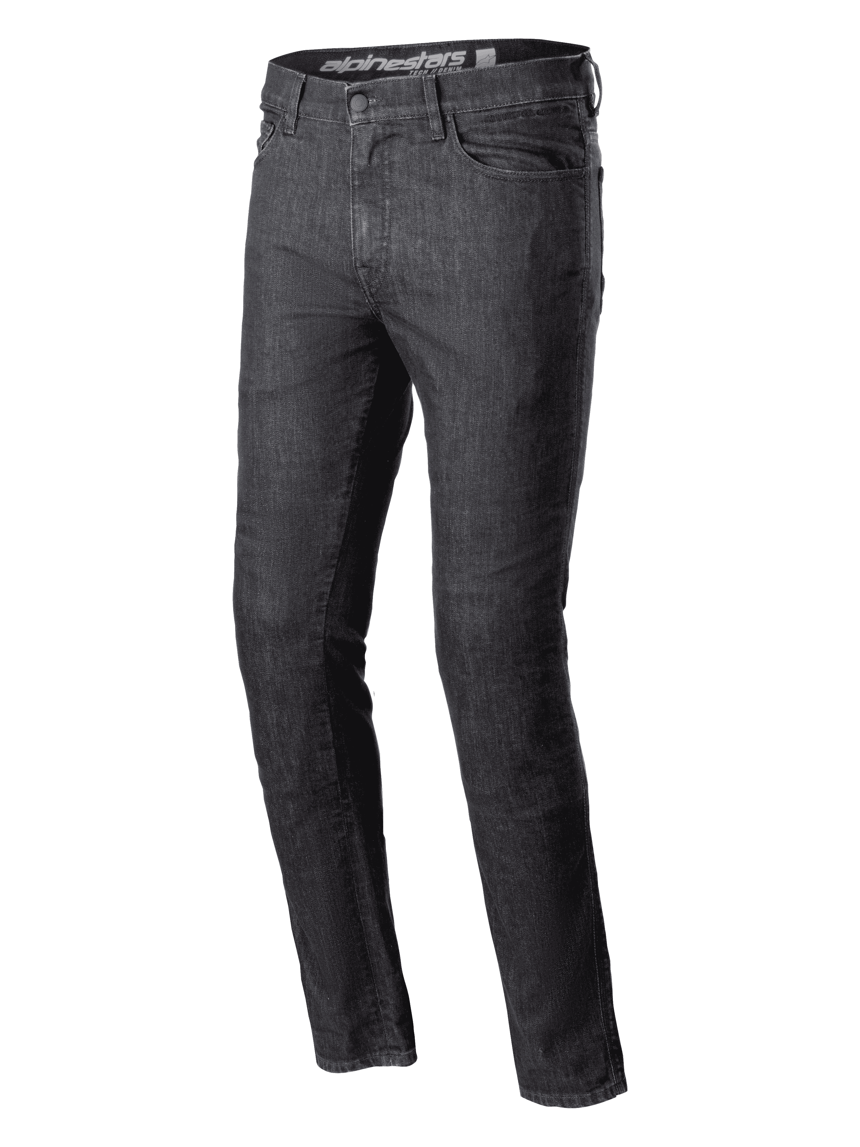Alpinestars Cerium Denim Tech Riding Pants, Motorrad-Jeans, Black Washed, Slim Fit, klassisches Fünf-Taschen-Design, strapazierfähige Denim-Konstruktion, Gürtelschlaufen, Knopf- und Reißverschluss, moderne urbane Motorradausrüstung