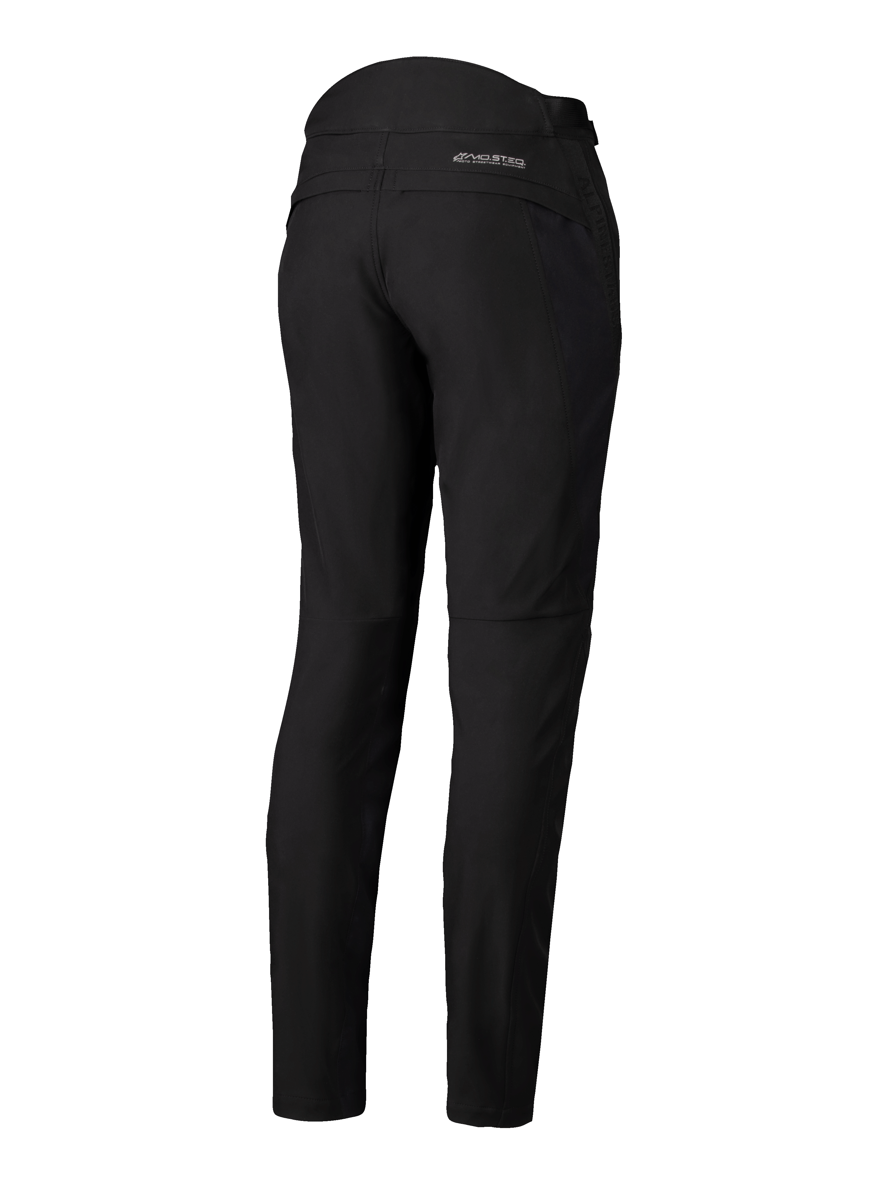 Alpinestars Alamosa Damenhose, Schwarz, Rückansicht, Slim Fit Softshell-Textilhose mit MO.ST.EQ. Logo auf der Rückenpasse, gesteppte Details am oberen hinteren Bund, minimalistische urbane Motorradausrüstung