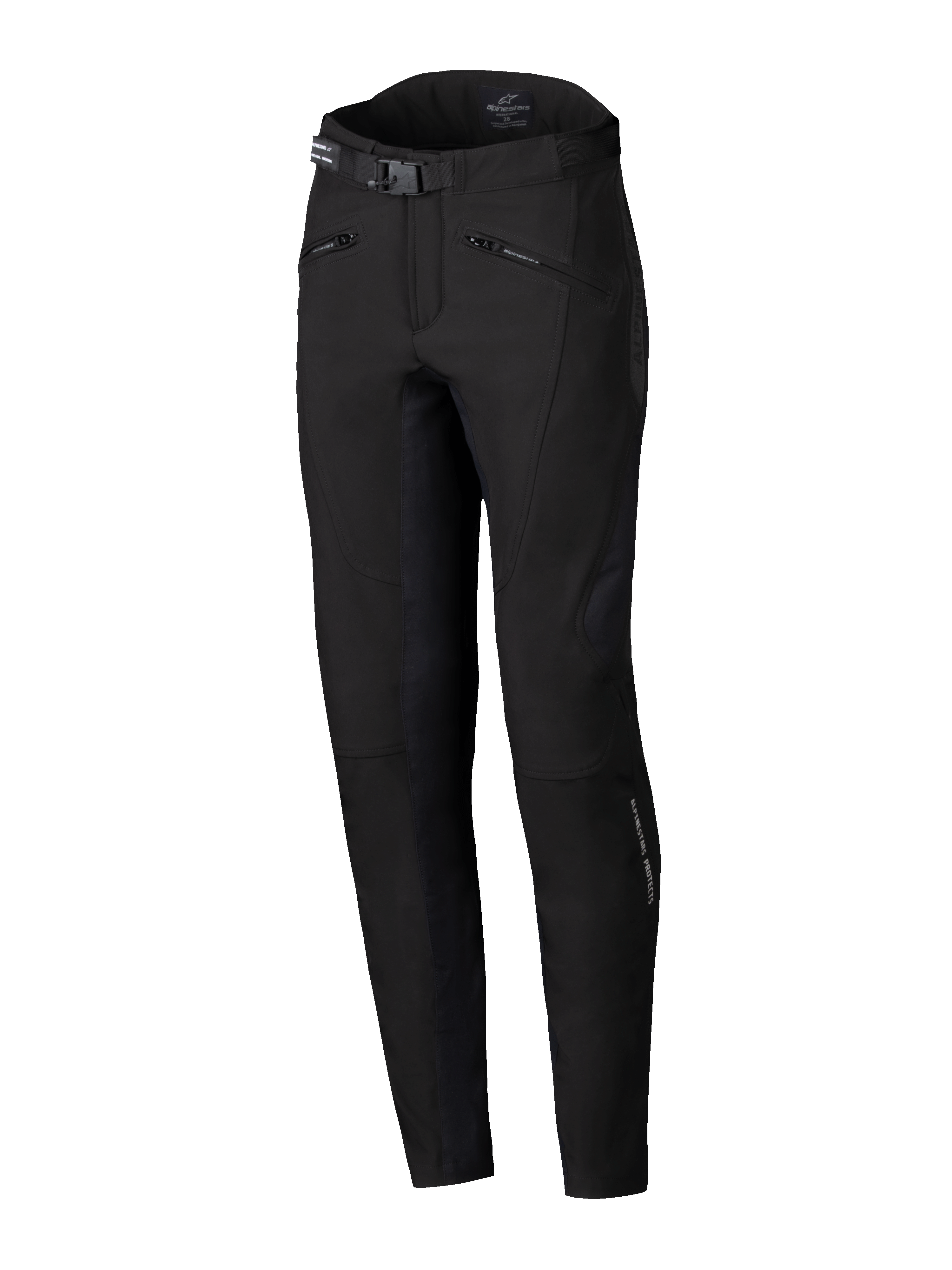 Alpinestars Alamosa Damenhose, urbane Motorradhose, Schwarz, schmale Performance-Passform, mit Taillengürtel und Schnalle, Reißverschlusstaschen und ergonomischem technischem Stretch-Softshell-Gewebe, minimalistisches von Streetwear inspiriertes Design