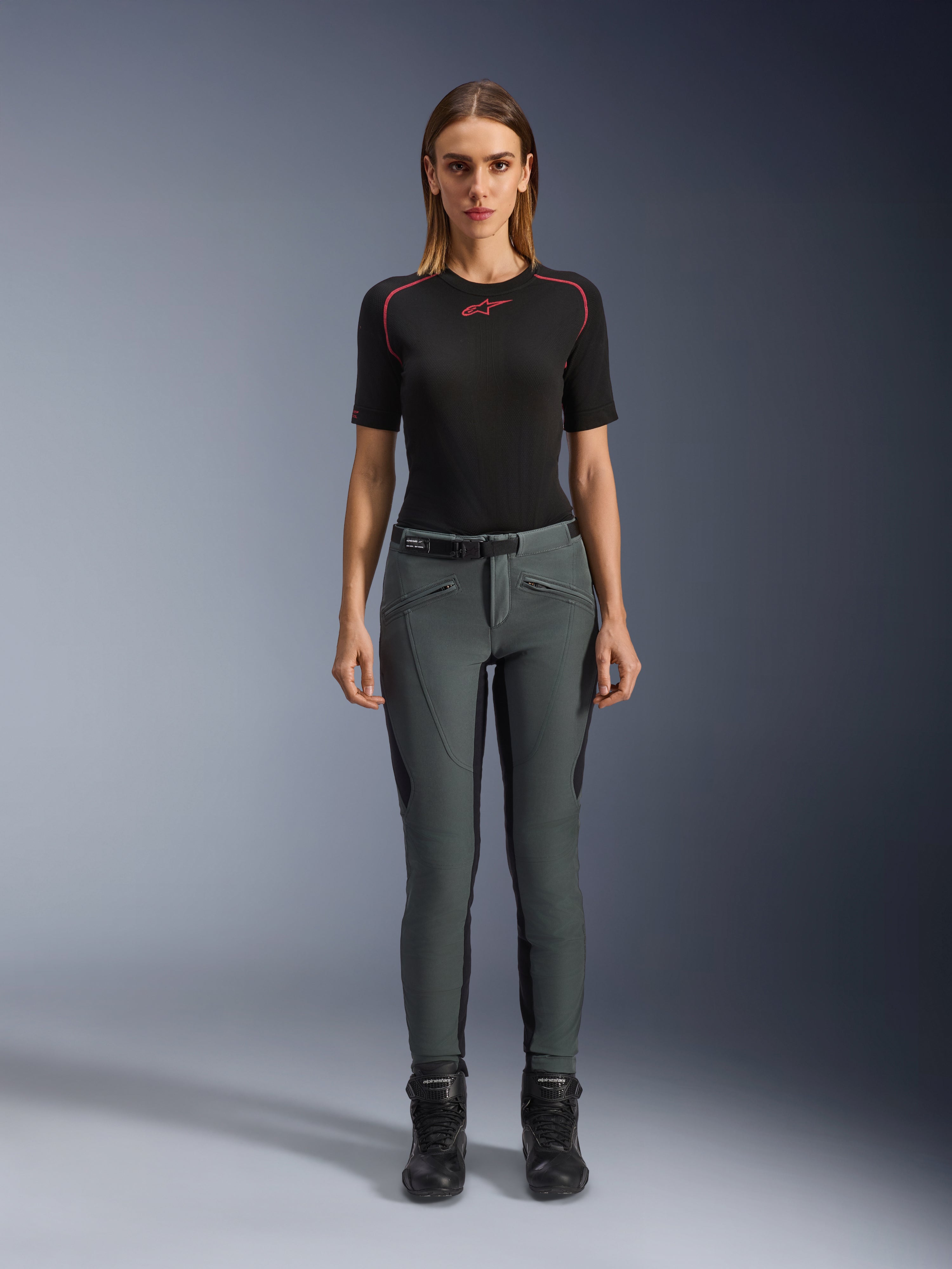 Alpinestars Alamosa Women's Pants, Urban Gray slim-fit motorcycle riding pants, stretch softshell with CE armor.