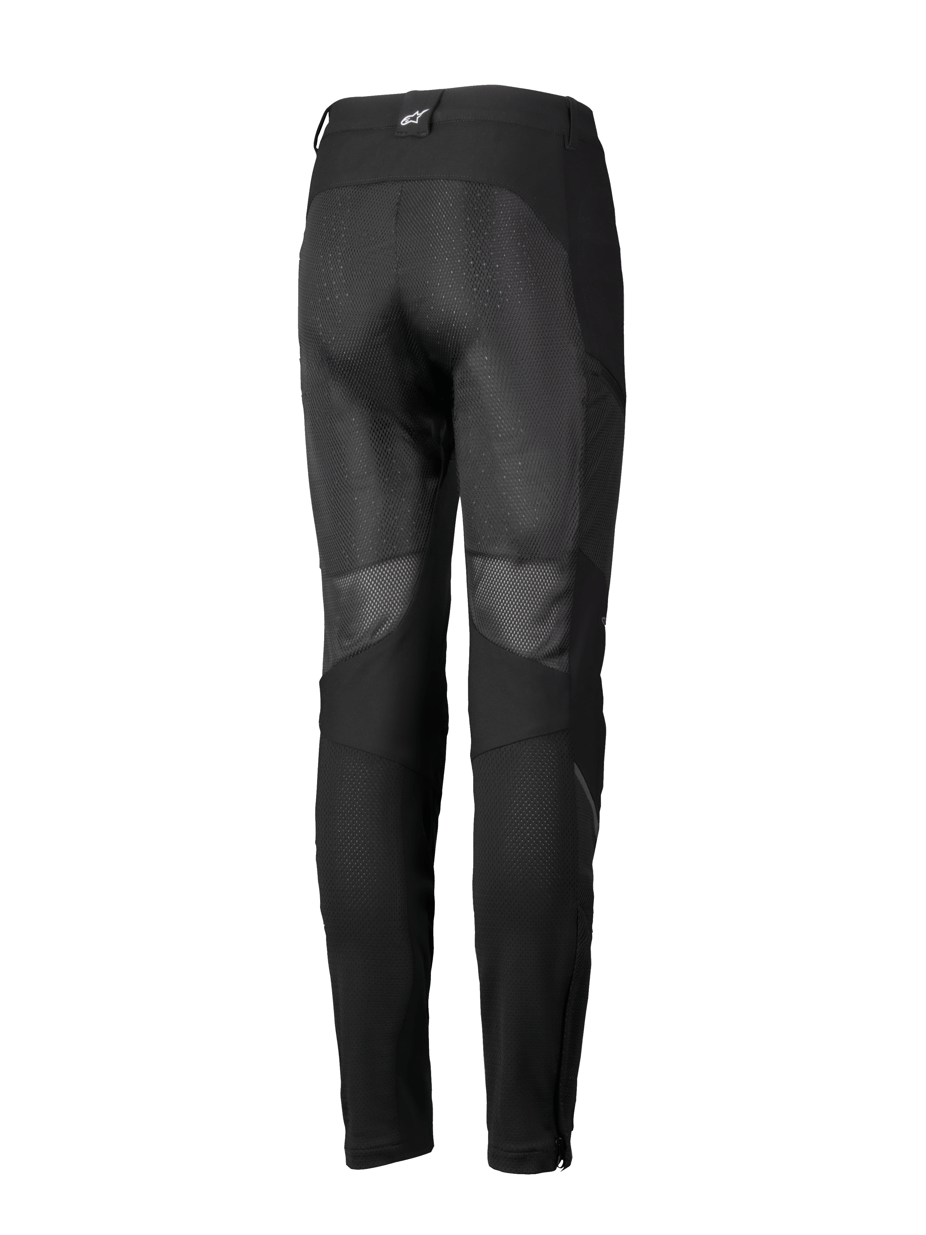 Alpinestars Stella Troop-Air Hose, Damen-Motorradhose, Schwarz, Rückansicht mit großen Mesh-Belüftungseinsätzen an der Beinrückseite, Textilkonstruktion und einem kleinen weißen Logo auf der hinteren Gürtelschlaufe.