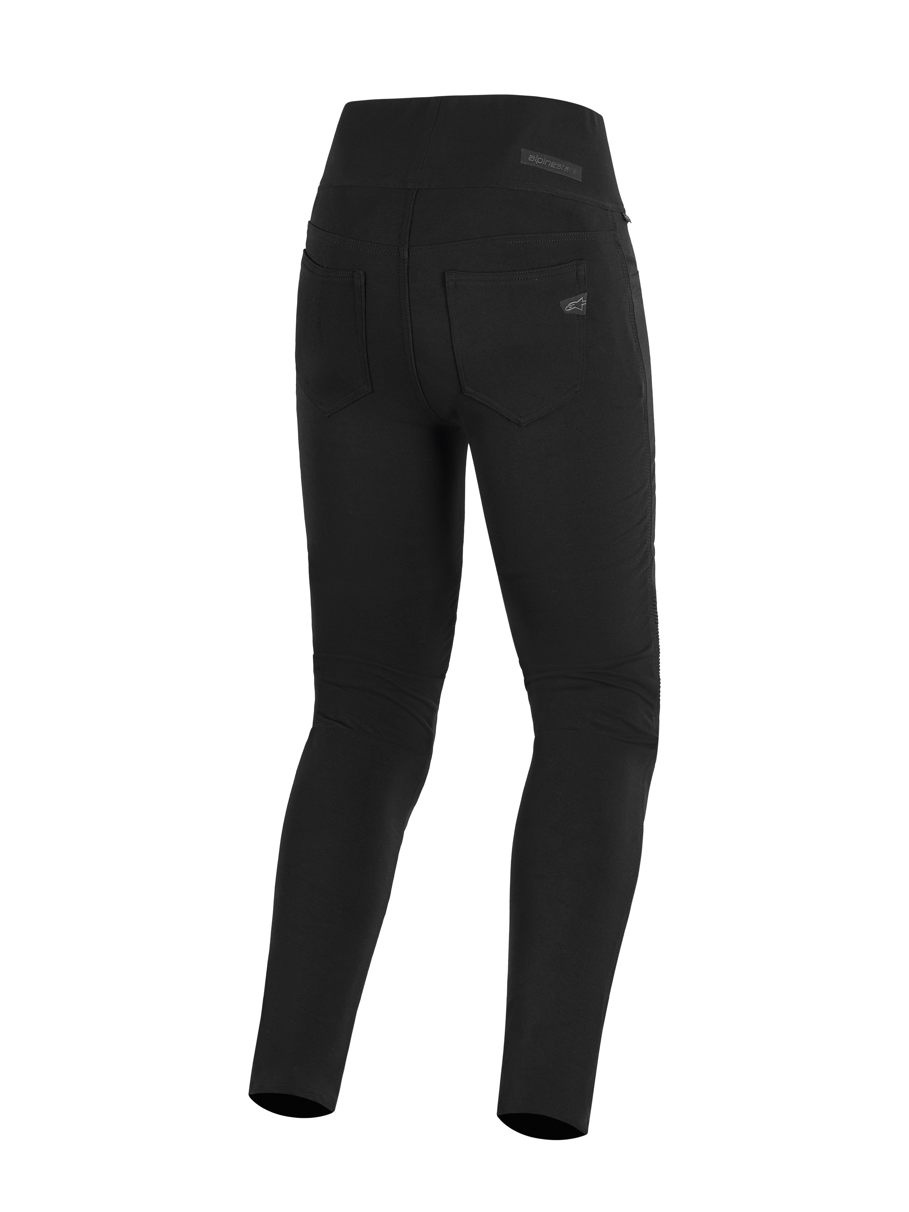 Alpinestars Stella Flex-Ast Leggings, Damen-Motorradleggings, Schwarz, Rückansicht mit hohem Bund und funktionellen Gesäßtaschen, elegante urbane Fahrausrüstung mit dezentem Alpinestars-Logo auf der Tasche.