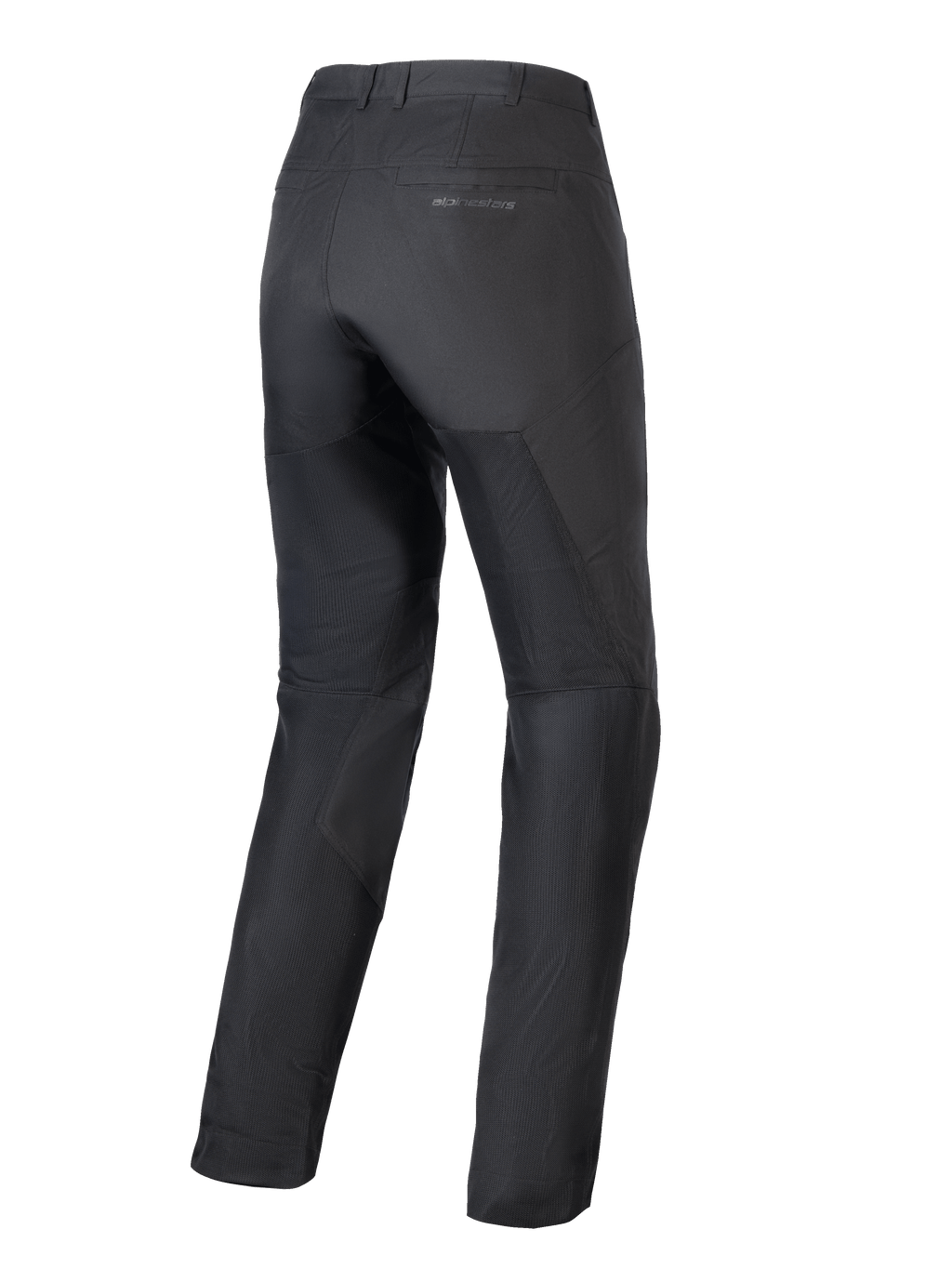 Alpinestars Stella C-1 Air Damenhose, schwarze Motorradhose, Rückansicht, zeigt große Tech-Mesh-Einsätze an den Beinen für optimale Belüftung, schlankes urbanes Design mit dezentem Branding auf der Gesäßtasche
