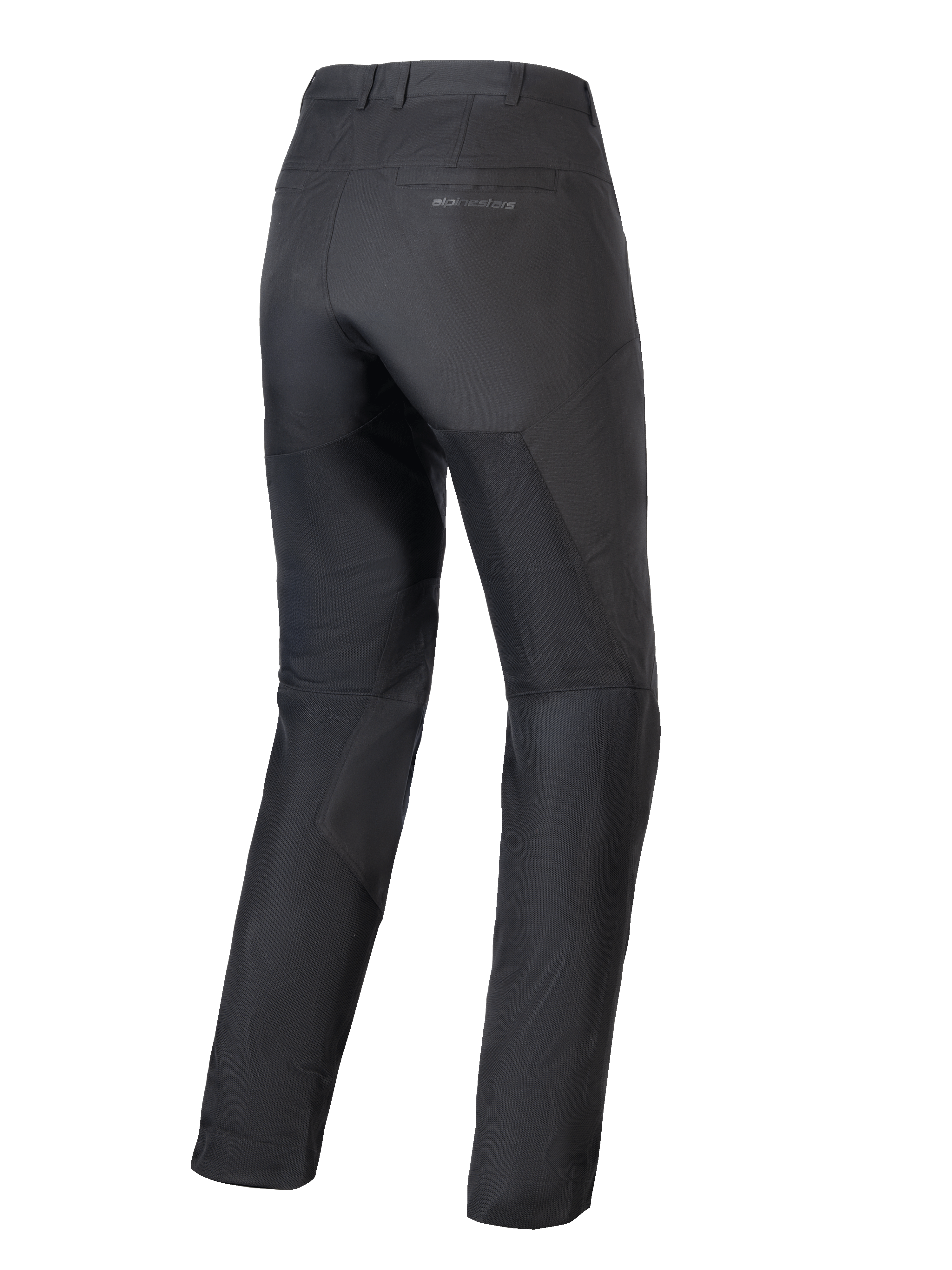 Alpinestars Stella C-1 Air Damenhose, schwarze Motorradhose, Rückansicht, zeigt große Tech-Mesh-Einsätze an den Beinen für optimale Belüftung, schlankes urbanes Design mit dezentem Branding auf der Gesäßtasche