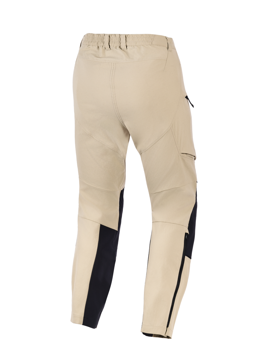Alpinestars Stella Flex-AST Explorer Hose für Damen, Motorrad-Adventure-Hose, Sand und Schwarz, Rückansicht mit elastischem Hosenbund, seitlichen Cargotaschen und verstärkten Unterschenkel-Einsätzen mit Reißverschlüssen, konzipiert für Fahrten bei warmem Wetter