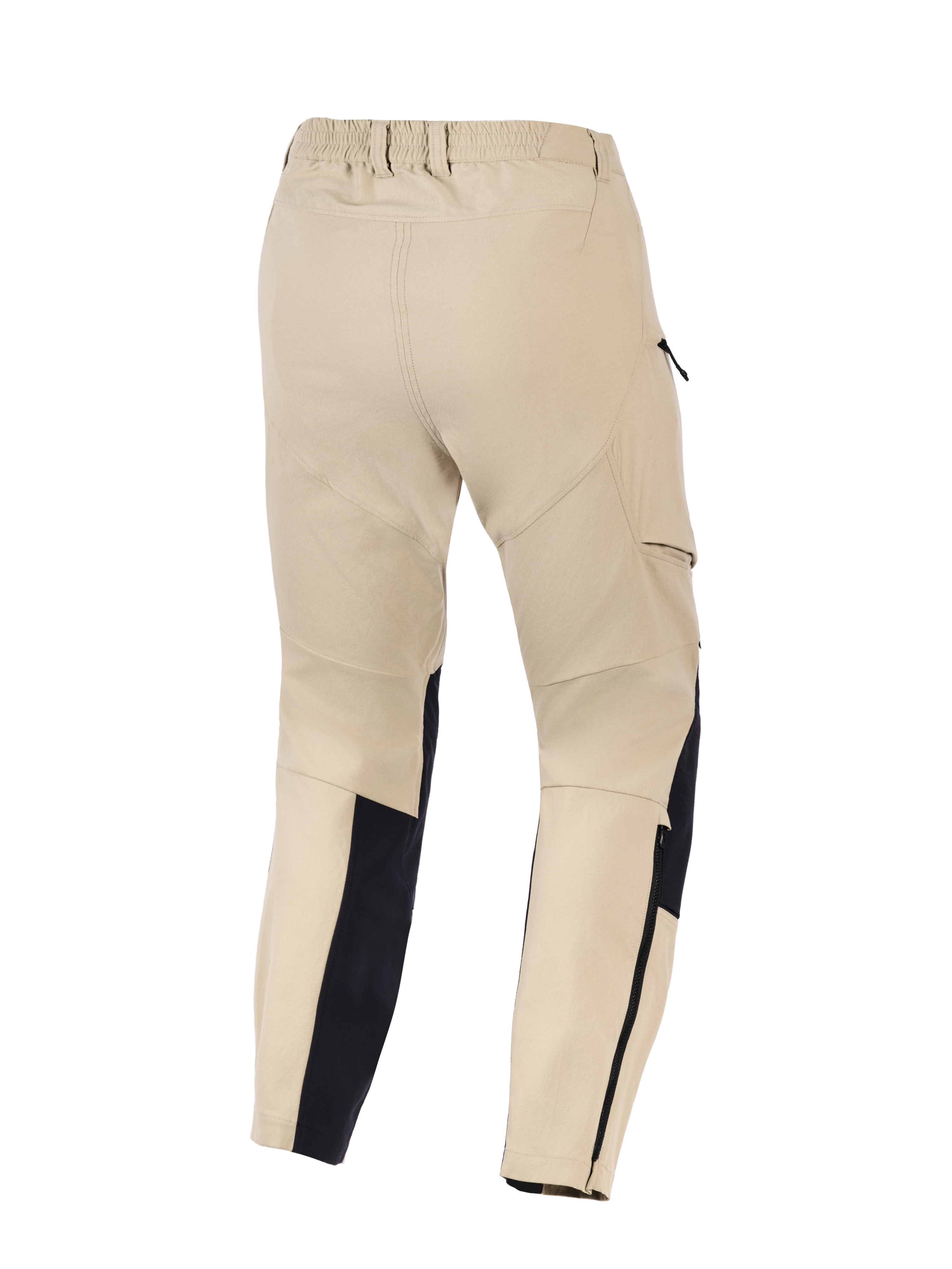 Alpinestars Stella Flex-AST Explorer Hose für Damen, Motorrad-Adventure-Hose, Sand und Schwarz, Rückansicht mit elastischem Hosenbund, seitlichen Cargotaschen und verstärkten Unterschenkel-Einsätzen mit Reißverschlüssen, konzipiert für Fahrten bei warmem Wetter