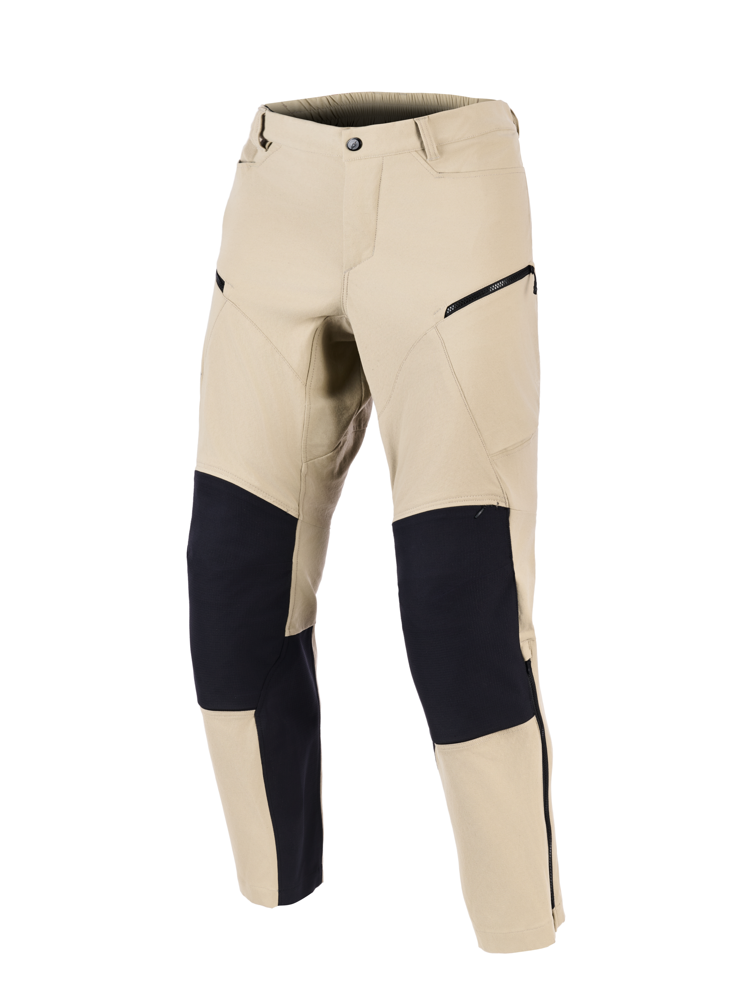 Alpinestars Stella Flex-AST Explorer Hose, Damen-Motorradhose, Sand und Schwarz, Vorderansicht mit verstärkten schwarzen Kniepaneelen, Reißverschluss-Cargotaschen und stromlinienförmigem Textildesign für Adventure-Touren