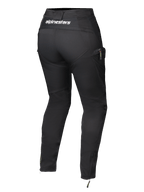 Alpinestars Actea Damen-Hose, Schwarz, Rückansicht mit weißem Branding am Bund, verjüngte Silhouette mit seitlicher Cargotasche, Reißverschlüsse an den Knöcheln, moderne Motorradhose