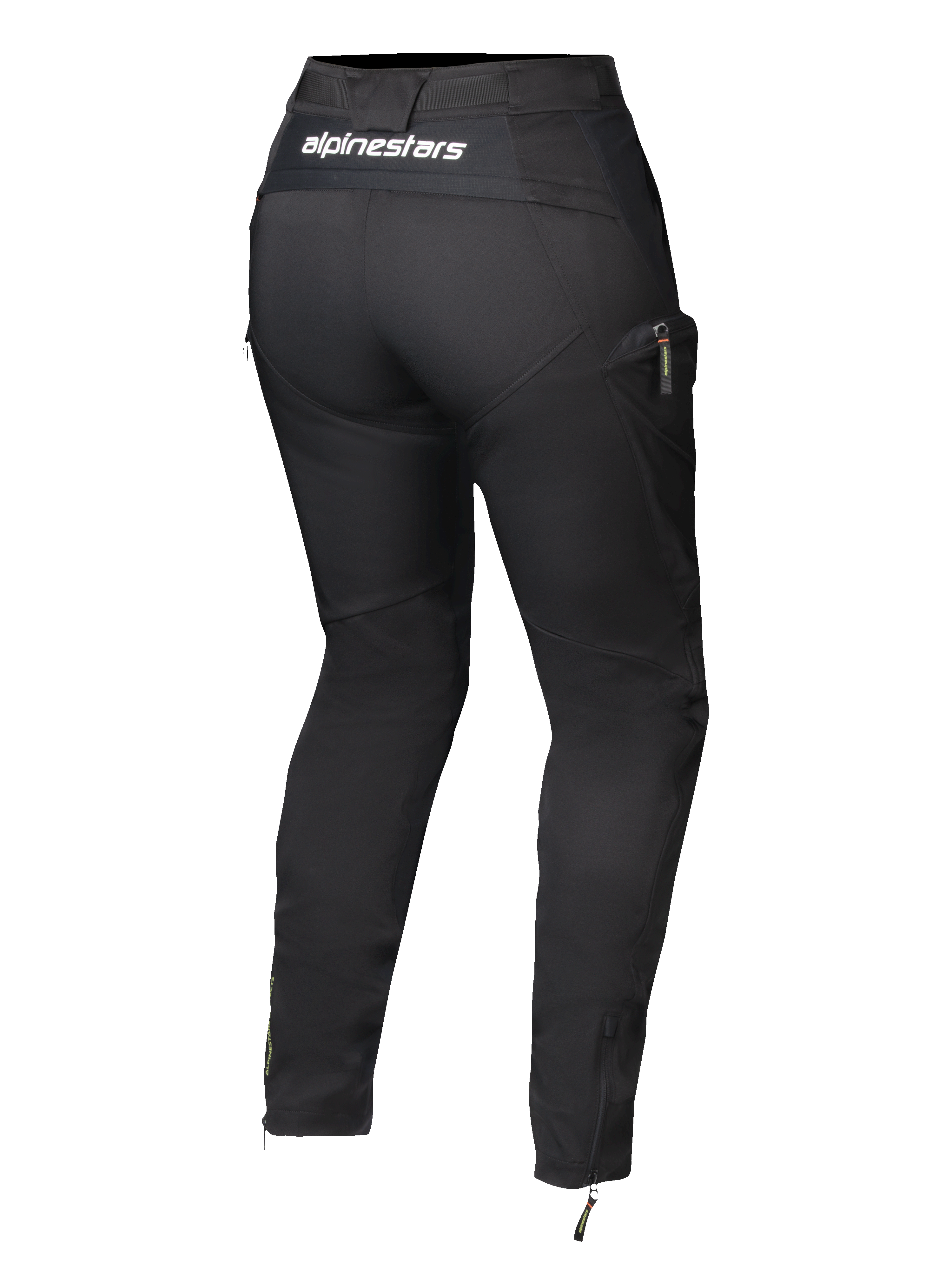 Alpinestars Actea Damen-Hose, Schwarz, Rückansicht mit weißem Branding am Bund, verjüngte Silhouette mit seitlicher Cargotasche, Reißverschlüsse an den Knöcheln, moderne Motorradhose