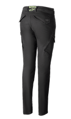 Alpinestars Caliber Damen Tech Riding Denim in Anthrazit, Rückansicht, schmal geschnittene Hose im Combat-Stil mit funktionellen Cargotaschen und einem limettengrünen Astars-Logo am hinteren Bund.