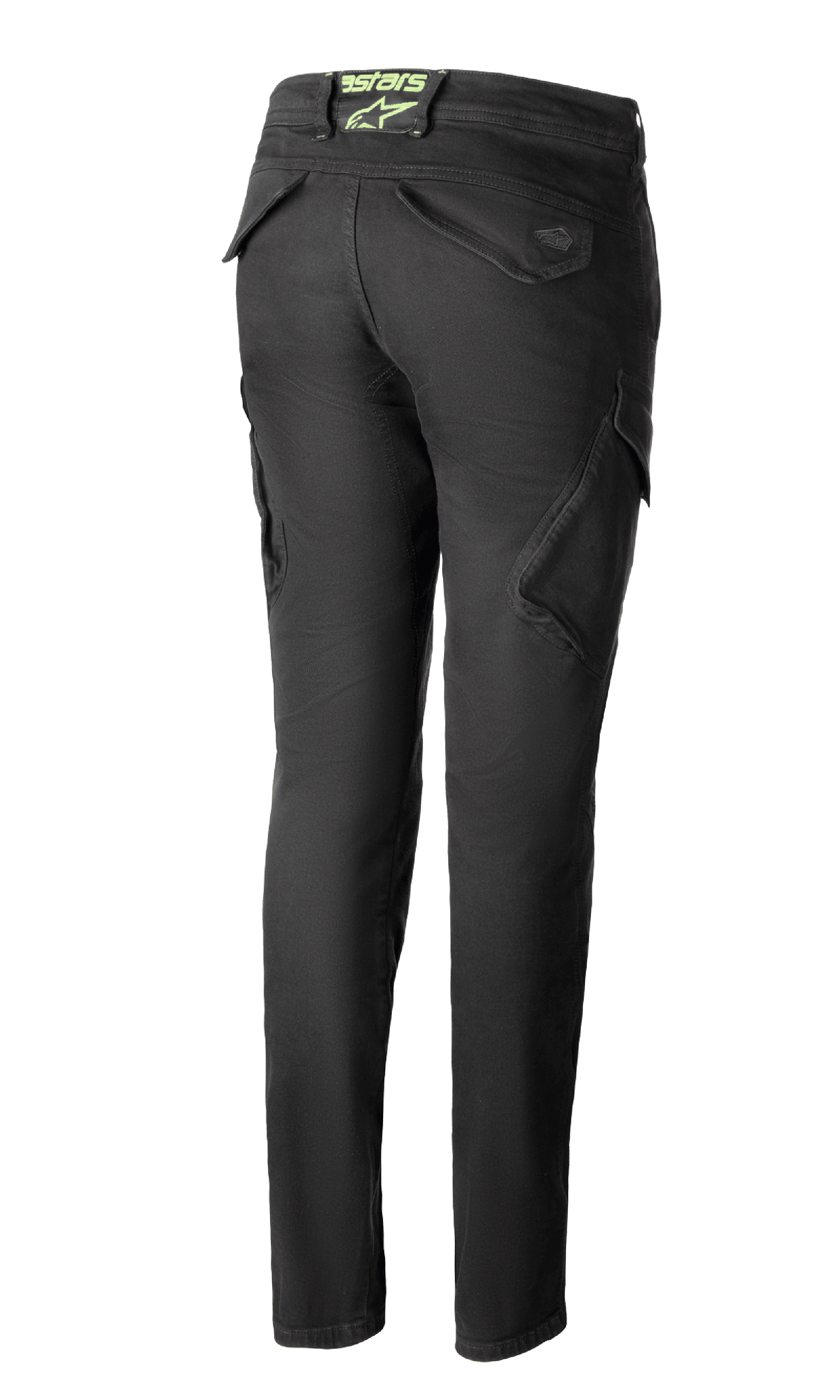 Alpinestars Caliber Damen Tech Riding Denim in Anthrazit, Rückansicht, schmal geschnittene Hose im Combat-Stil mit funktionellen Cargotaschen und einem limettengrünen Astars-Logo am hinteren Bund.
