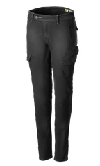 Alpinestars Caliber Tech Riding Denim für Damen, Motorrad-Cargohose in Anthrazitgrau, schmale Silhouette mit schrägen seitlichen Pattentaschen, Gürtelschlaufen und Knopf-Reißverschluss, strapazierfähiger Stretch-Cordura-Denim, urbane Motorrad-Schutzausrüstung.