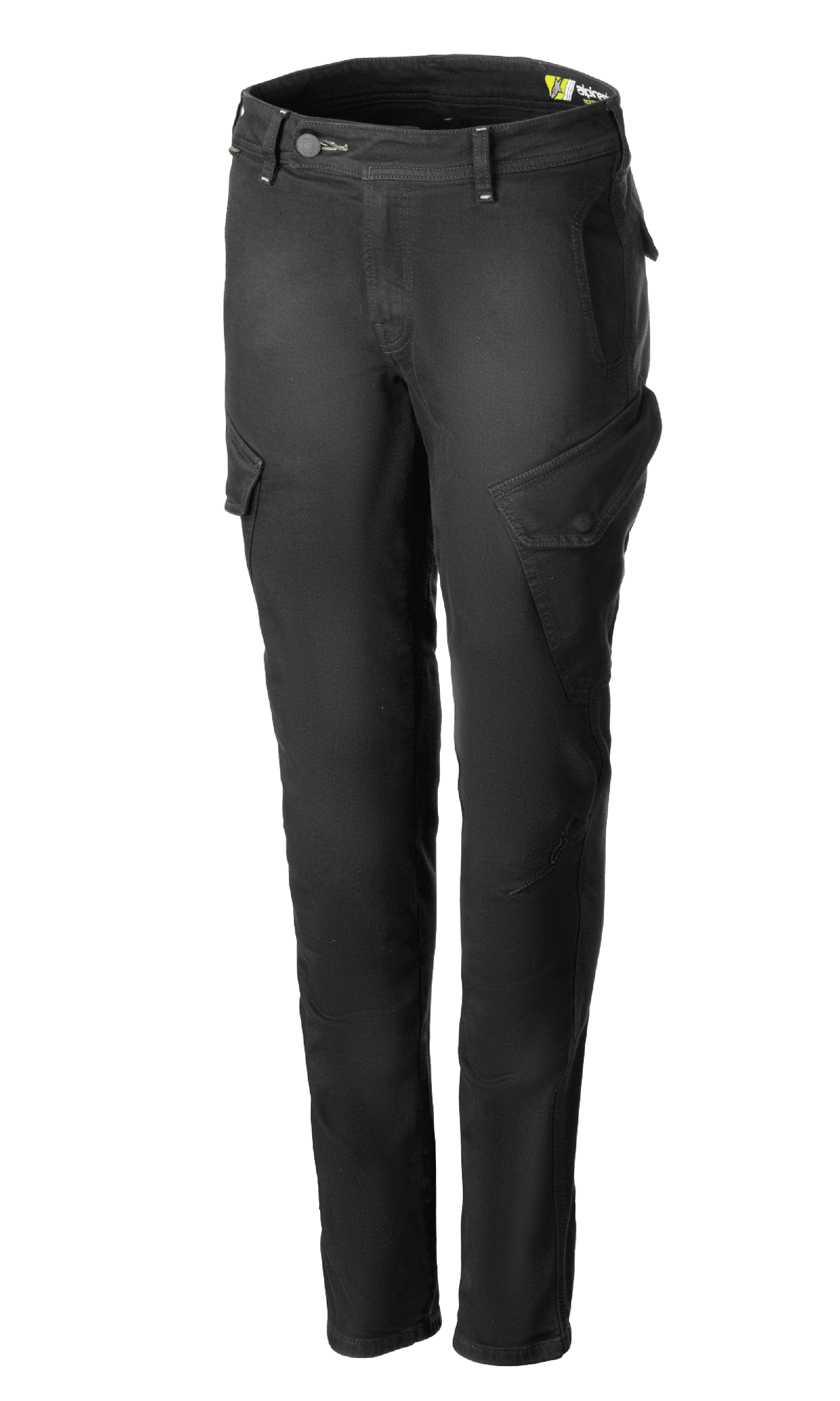 Alpinestars Caliber Tech Riding Denim für Damen, Motorrad-Cargohose in Anthrazitgrau, schmale Silhouette mit schrägen seitlichen Pattentaschen, Gürtelschlaufen und Knopf-Reißverschluss, strapazierfähiger Stretch-Cordura-Denim, urbane Motorrad-Schutzausrüstung.