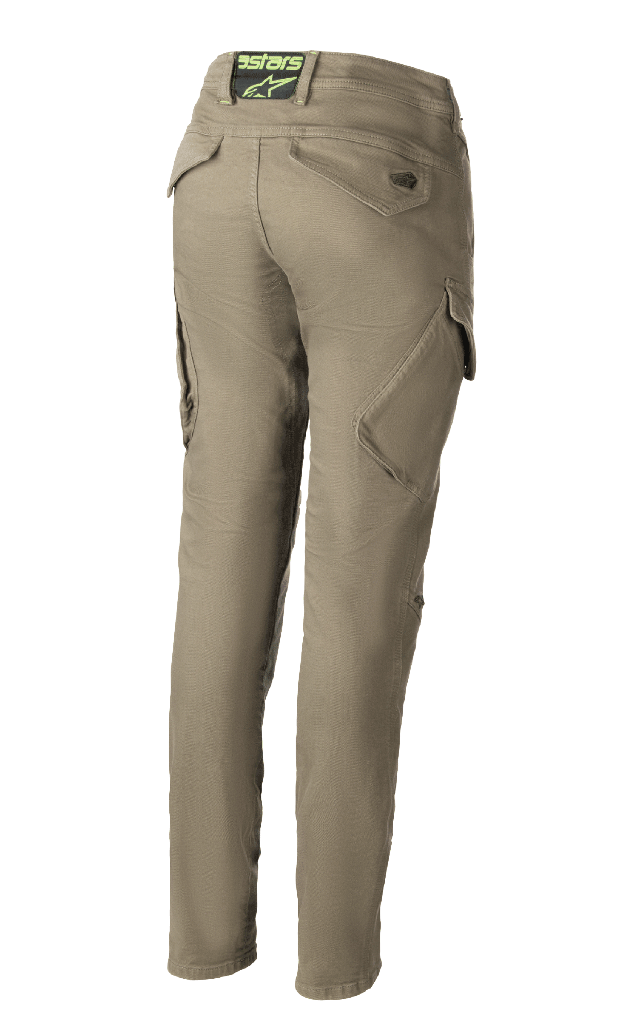 Alpinestars Caliber Damen-Tech Riding Denim, Motorradhose in Militärgrün, Rückansicht mit schmal geschnittenem Combat-Design und schrägen Cargotaschen, Astars-Logo am hinteren Bund, strapazierfähiges Cordura-Gewebe.