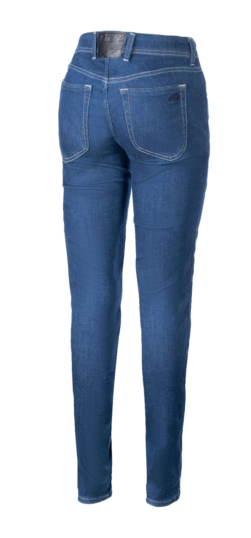 Alpinestars Daisy V3 Women's Riding Denim, Rinse Blue, rear view showing slim fit, two back pockets, and black logo patch on the waistband, casual urban motorcycle apparel