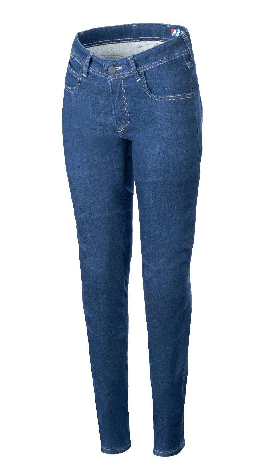 Alpinestars Daisy V3 Damen Motorrad-Jeans, Rinse Blue, Slim Fit, klassisches Fünf-Taschen-Design, Kontrastnähte, High-Waist-Passform mit schmal zulaufenden Beinen